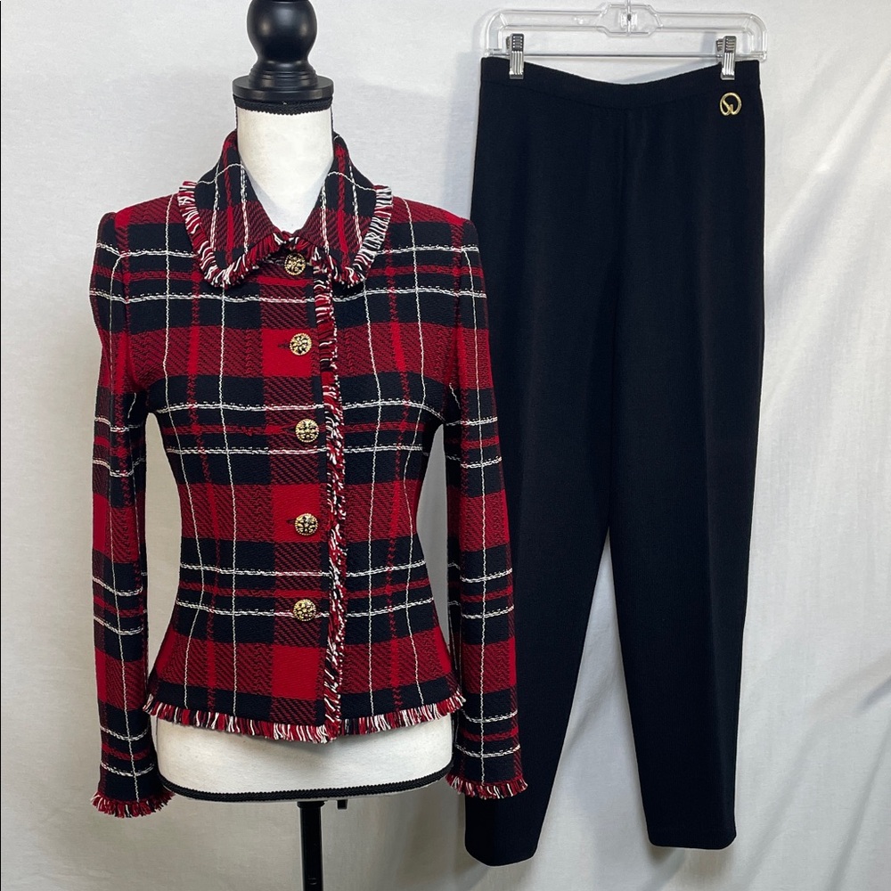 2 pc St. JOHN knit fringe jacket Plaid Red suit gold Black Women's Pants Set - Picture 3 of 17